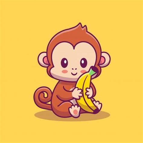 Cute Monkey Holding Banana Icon Illustration Animal Icon Concept