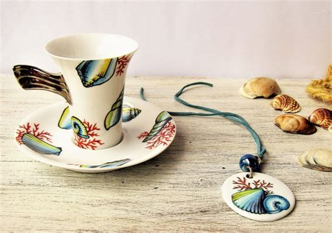 Shells And Coral Winged Espresso Cup And Porcelain Necklace Coffee Cup