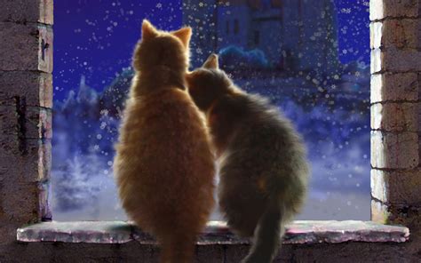 Art Cats Pair Love Snow Winter Window Sill Castle Night