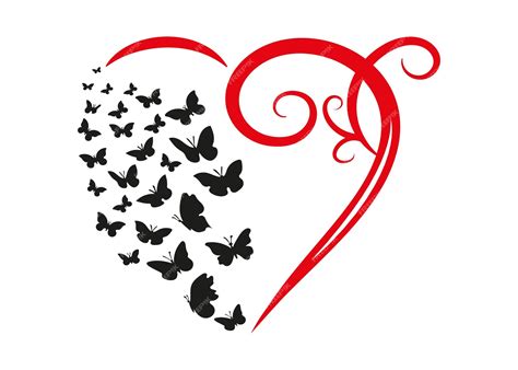 Mariposa Negra Volando Y Corazón Rojo Amor Ilustración Aislada Vector