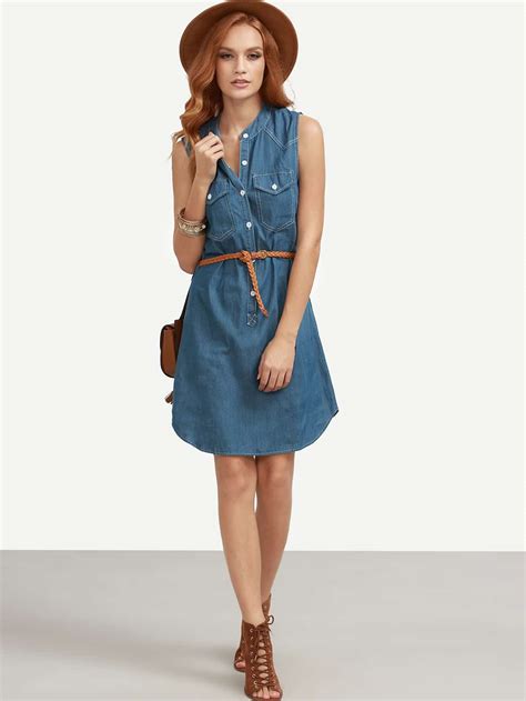 Blue Belted Sleeveless Denim Shirt Dress Sheinsheinside