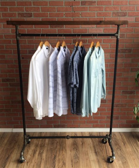 Industrial Pipe Rolling Clothing Rack With Wood Top Shelf