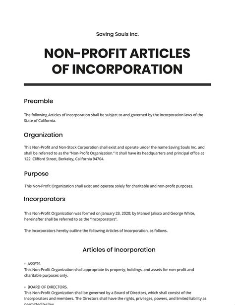 Articles Of Incorporation For A Non Profit Organisation Template