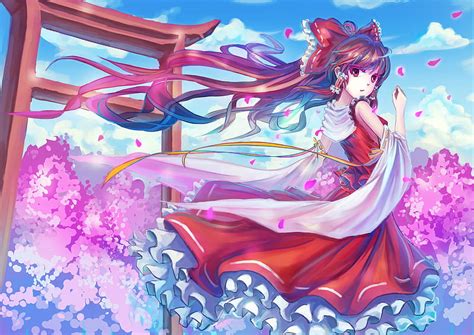 hakurei reimu female miko cherry blossom japanese clothes anime shrine hd wallpaper peakpx