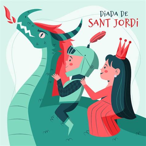 Dibujado A Mano Ilustración De Diada De Sant Jordi Con Dragón Sosteniendo Libro Y Rosa Vector