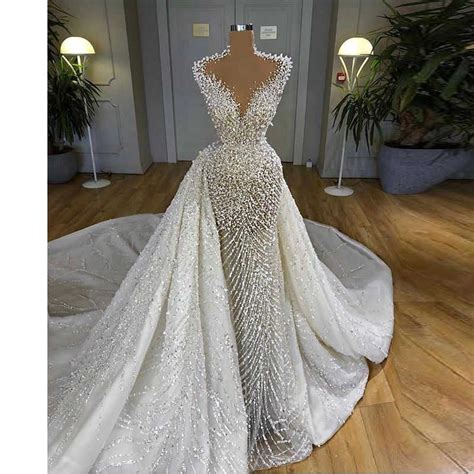 Dubai Pearls Mermaid Wedding Dresses One Shoulder Beaded Crystal Bridal Gowns With Detachabl