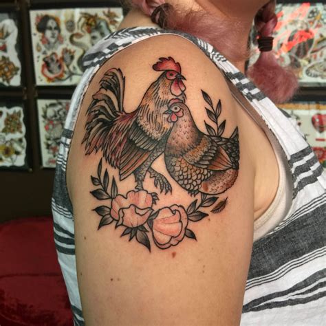 Chicken And Rooster With Sweet Pea Flowers Done By Laura Graham At