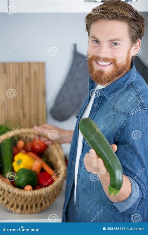 Portrait Attractive Guy Holding Basket Vegetables Stock Image Image