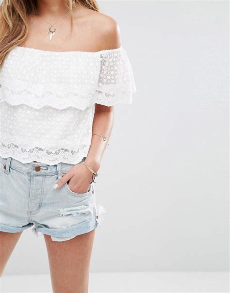 White Cropped Lace Bardot Top And Distressed Denim Shorts Summer 2016