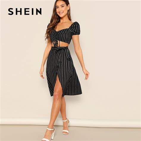 Shein Drawstring Waist Crop Top Wrap Knot Skirt Set Women Summer Two