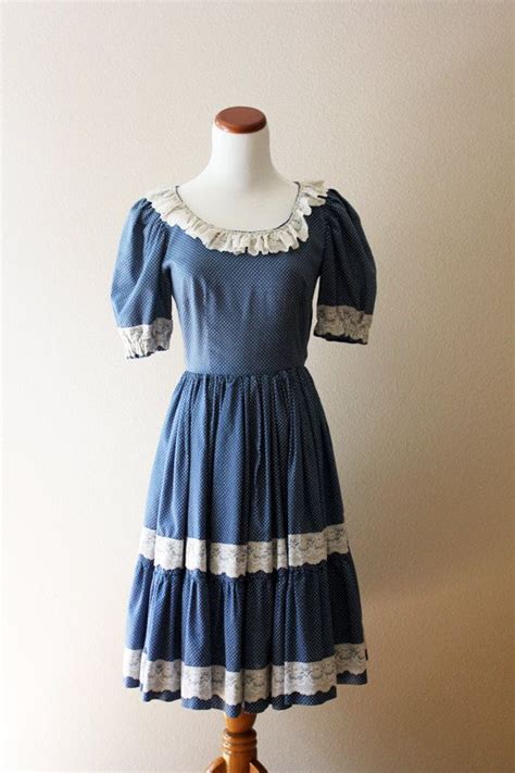 Vintage Blue Prairie Dress White Lace And Dots Country Etsy