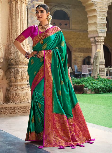 Buy Green Satin Silk Traditional Wear Weaving Saree Online From Wholesale Salwar