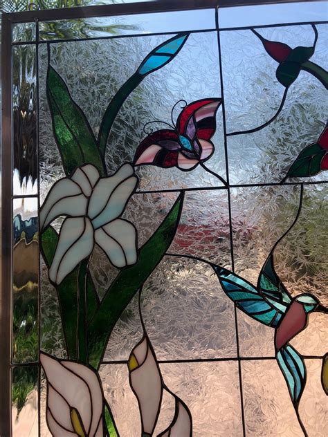 Elegant Hummingbird Butterfly And Flowers Leaded Stained Glass Window