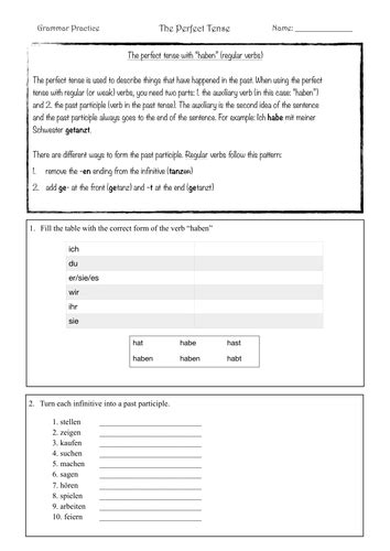 German Grammar Practice Perfect Tense Regular And Irregular With