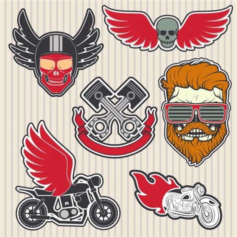 Set Biker Emblems Winged Spark Plugs Racer Skull Design Element Stock