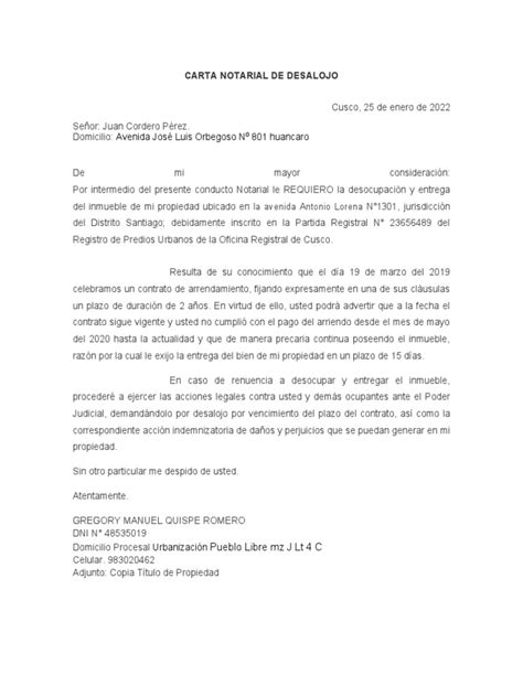 Carta Notarial De Desalojo Pdf