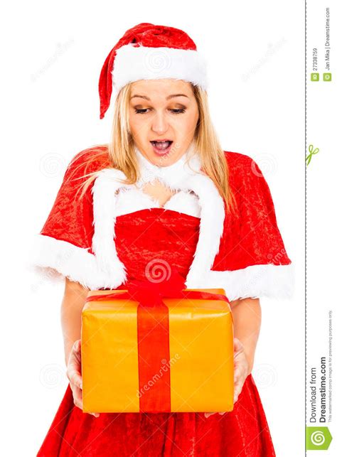 Surprised Female Santa With Christmas T Stock Image Image Of Blond