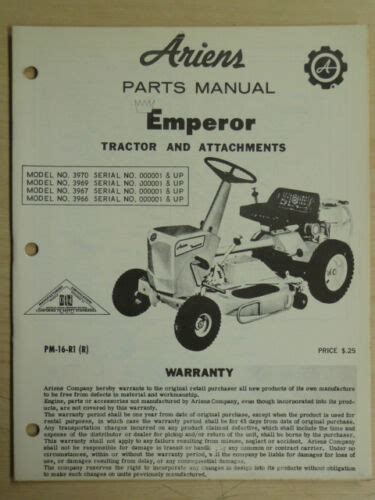 Ariens Emperor Tractor Attachments Parts Model 3970 3967 3969 Manual Pm