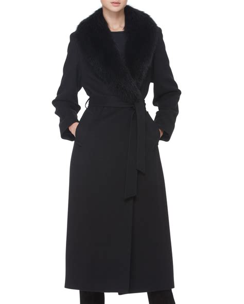 Lyst Sofia Cashmere Fur Collar Long Wrap Coat In Black