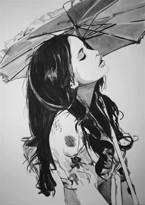 Girl With Umbrella Id 4 70 X 49 8 Cm Ink Drawing Ink Pen Art Drawings