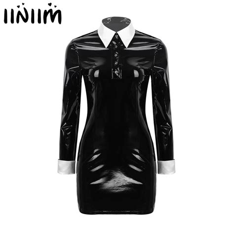Black Latex Dress Women Shiny Wetlook Patent Leather Bare Breast Mini Dress Sexy Hollow Out