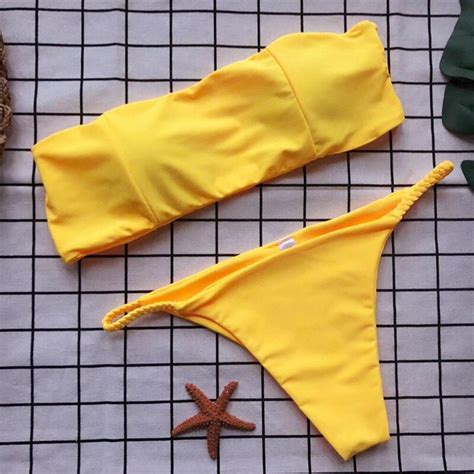New Women Pure Yellow Bikini Set Summer Padded Push Up Bandage
