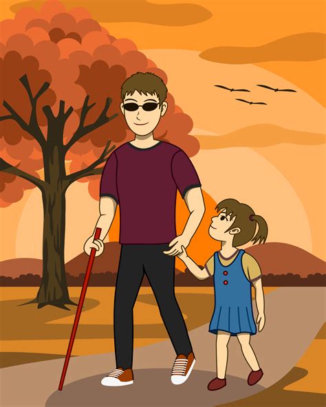 Vector Illustration Of Blind Man And His Daughter Are Walking Together