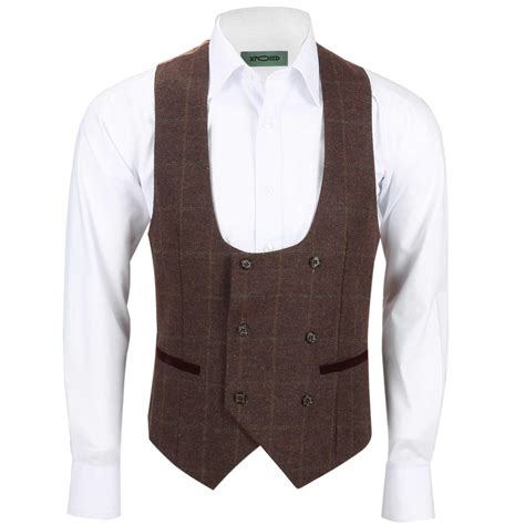 Mens Double Breasted Waistcoat Classic Low U Cut Herringbone Tweed