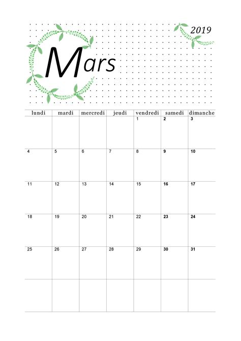 Mars Calendrier 2019 à Imprimer Format Pdf