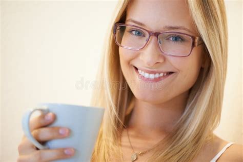 This Coffee Is Great Cute Young Woman Wearing Glasses And Enjoying A