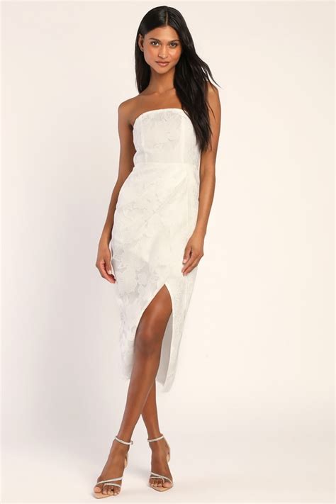 White Midi Dress Burnout Jacquard Dress Strapless Dress Lulus