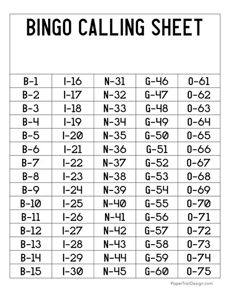 Free Printable Bingo Call Sheet