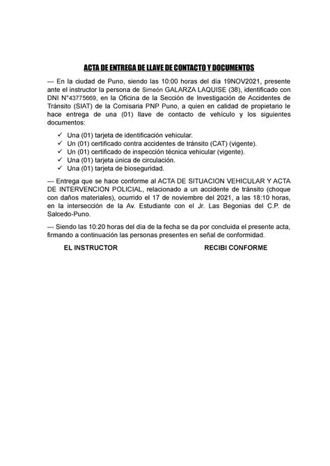 Acta De Entrega De Vehiculo Y Documentos Acta De Entrega De Llave De
