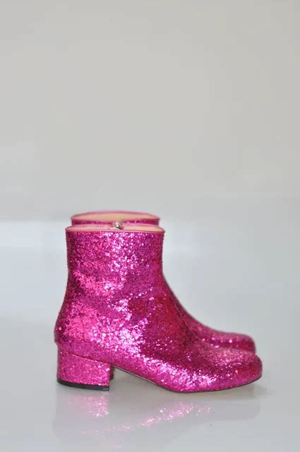 Round Toe Ladies Zipper Martin Boots Hot Pink Bling Glitter Women Fashion Ankle Boots Low Heel