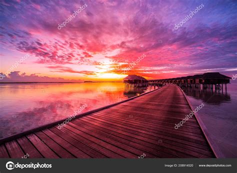 Sunset Maldives Island Luxury Water Villas Resort Wooden Pier Beautiful