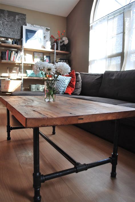 Wood Coffee Table With Steel Pipe Legs Made Of Reclaimed Wood Etsy