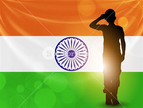 Saluting Soldier Silhouette On Indian Flag Waving Background Royalty