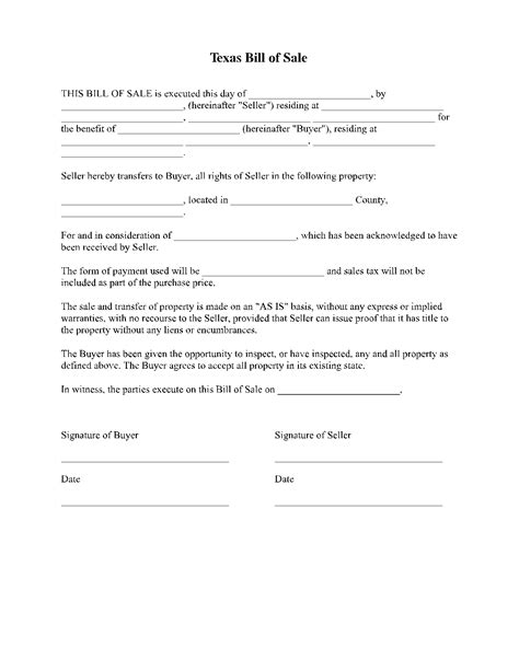 Printable Auto Bill Of Sale Texas Printable Form Templates And Letter