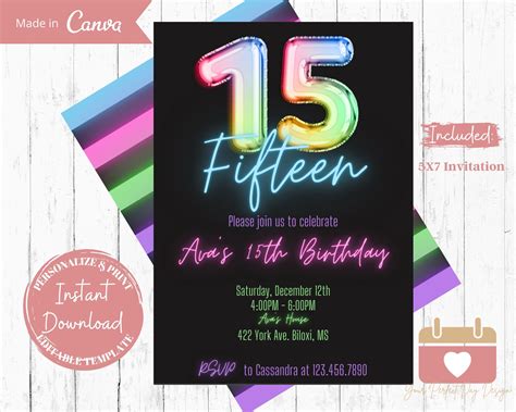 Neon 15th Birthday Invitation Glow Party Invite Fifteenth Birthday For Girls Digital Download
