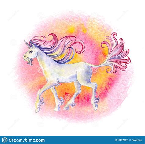 Walking Unicorn With Flowing Mane And Tail Against Of A Spiral Pink