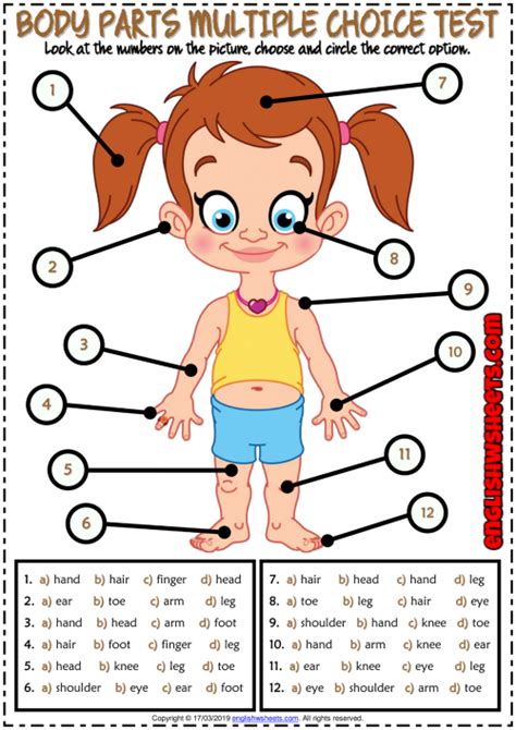 Body Parts Esl Printable Multiple Choice Test For Kids