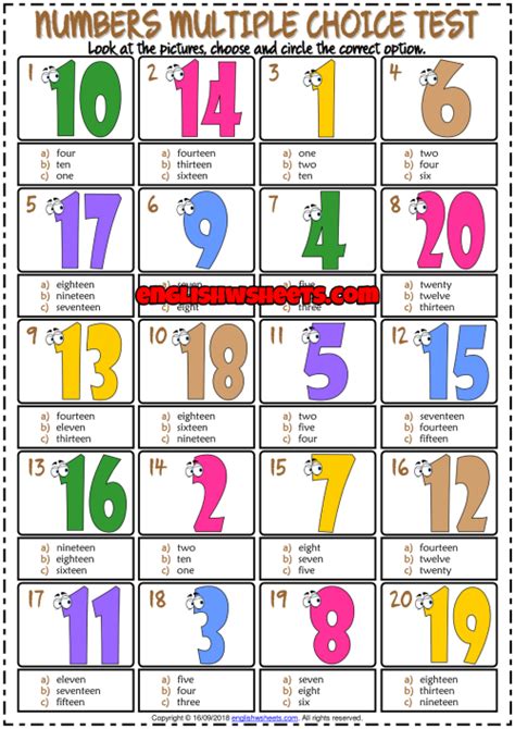 Numbers Esl Printable Multiple Choice Test For Kids Test For Kids
