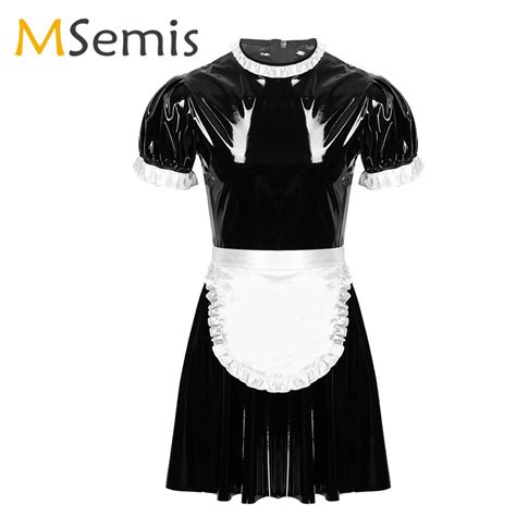 Hot Women Adults Wet Look Patent Leather French Maid Uniform Sexy Erotic Cosplay Costume Sissy