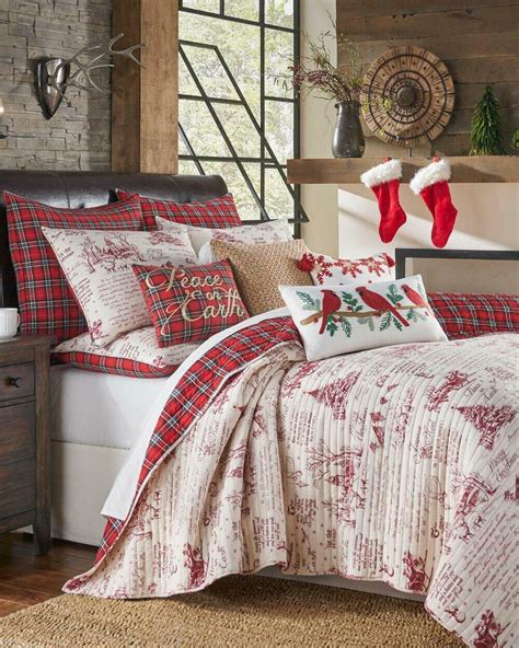 Red Beige Classic Vintage Christmas Script Plaid Quilt Set King Holiday