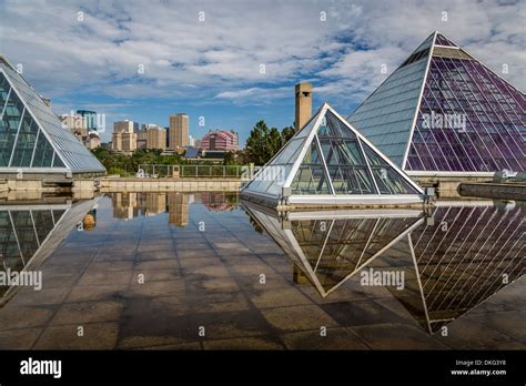 The Muttart Conservatory Pyramids And The City Skyline Of Edmonton