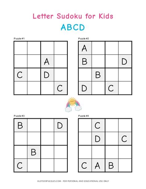 Letter Sudoku Puzzles For Kids 4x4 Easy