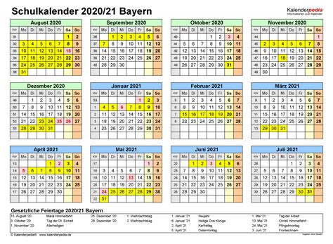 Schulkalender 20202021 Bayern Für Word