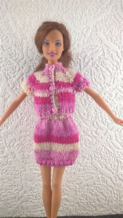 Pretty Pink And White Striped Skirt And Top For Barbie Ooak Hand Knit