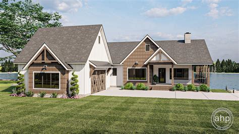 1 Story Modern Farmhouse Style Lake House Plan With Two Main