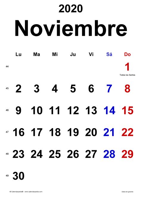 Calendario Noviembre 2020 En Word Excel Y Pdf Calendarpedia